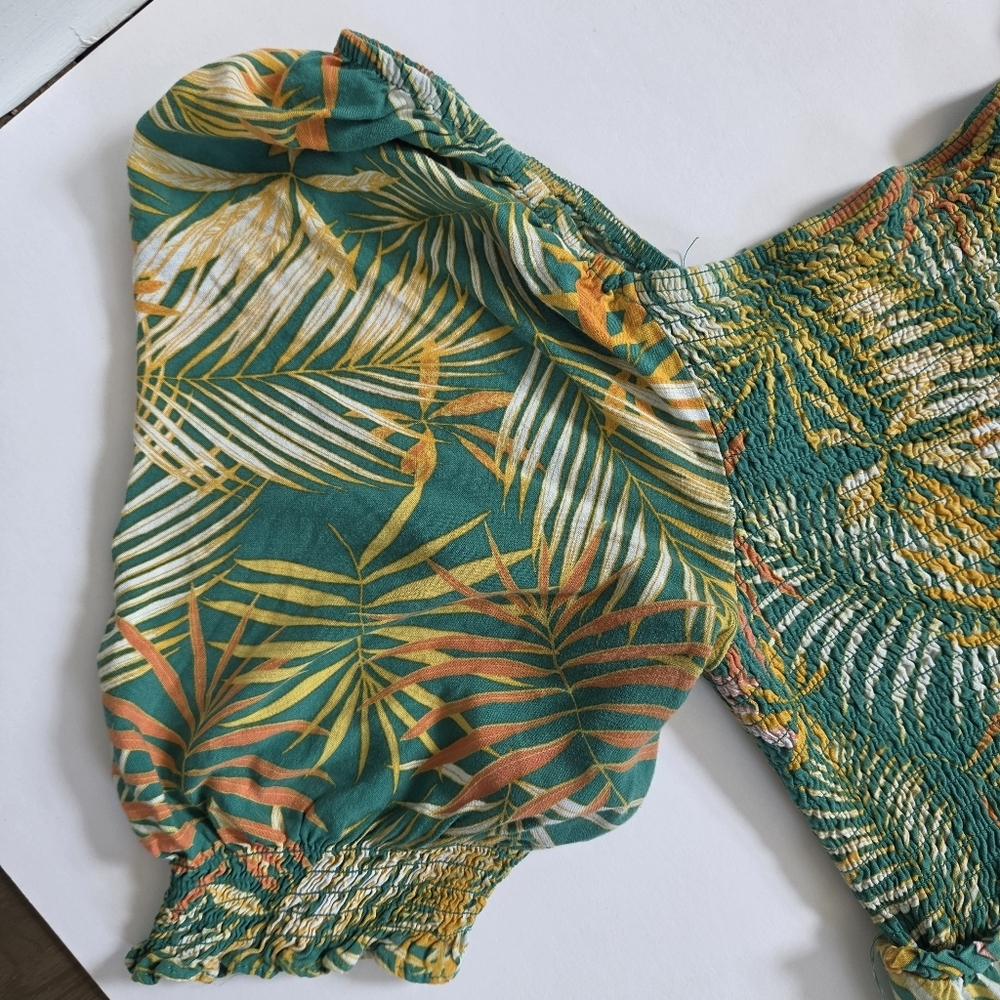 Betsey Johnson Tropical Leaf Print Smocked Ruffled Maxi Dress in a green palm XL - Picture 3 of 7